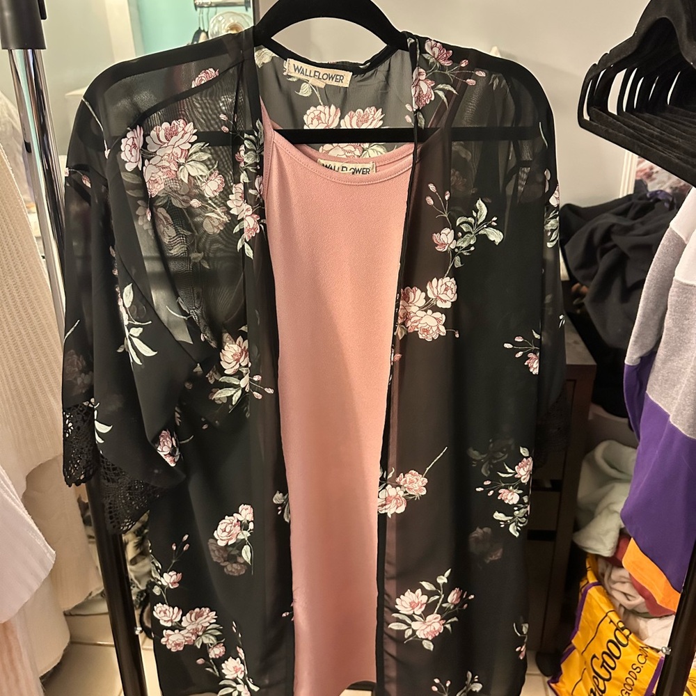 Wallflower Black Floral Kimono with Pink Dress